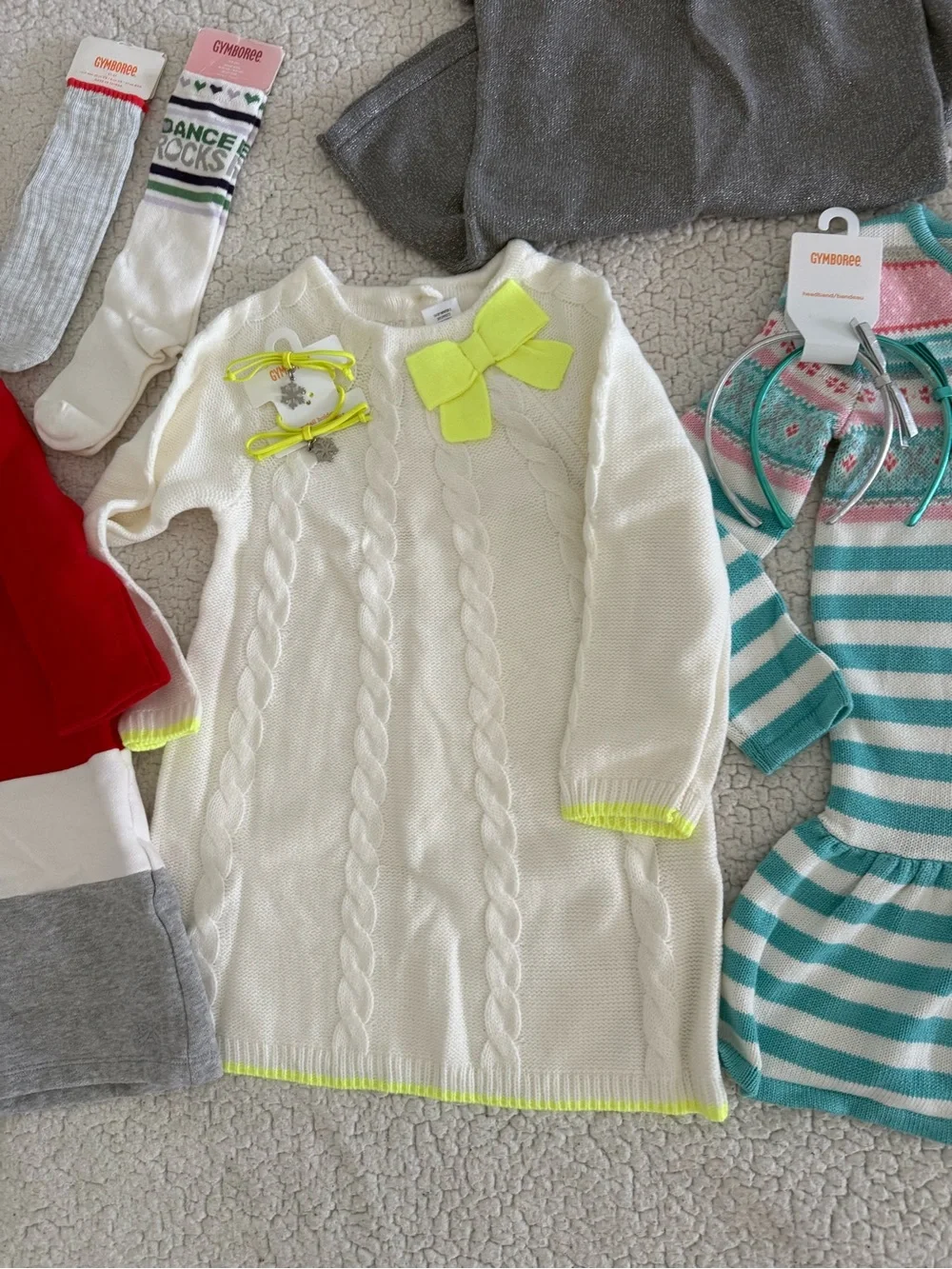 New girls Gymboree Sz 4 White Cable Knit Dress with Neon Yellow Accents bundle